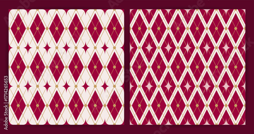 Set of festive seamless mesh red patterns with golden diagonal lines, stars and dots. Elegant geometric burgundy background of carnival rhombus ornament. Fabric textile print. Surface cover wrapper de