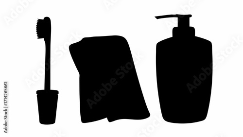Silhouette of a toothbrush, folded towel, and pump bottle, standing side by side on a white background