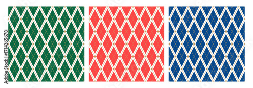 Set of festive seamless mesh patterns with golden diagonal lines. Elegant geometric background of carnival red, green, blue rhombus ornament. Fabric textile print. Surface cover wrapper design.