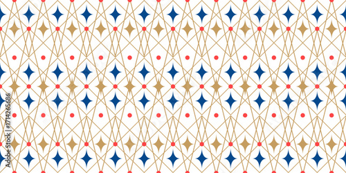 Festive seamless mesh pattern with golden diagonal lines, stars and dots. Elegant geometric background of carnival rhombus ornament. Fabric textile print. Surface cover wrapper design.