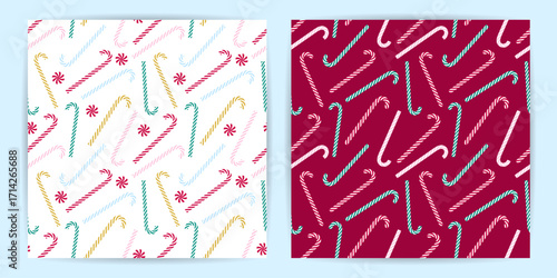 Set of christmas seamless patterns with candies. Simple background of festive ornament. Fabric textile print. Surface cover wrapper design.