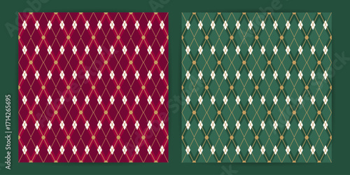 Set of festive christmas seamless red, green patterns with golden diagonal lines. Elegant geometric background of carnival rhombus ornament. Fabric textile print. Surface cover wrapper design.