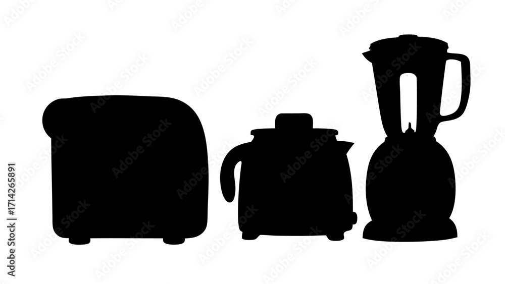 Fototapeta premium Silhouette depiction of kitchen appliances including a bread maker, juicer, and a blender displayed together