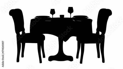 Silhouette of a dining table set for two with plates glasses and chairs in a formal arrangement style