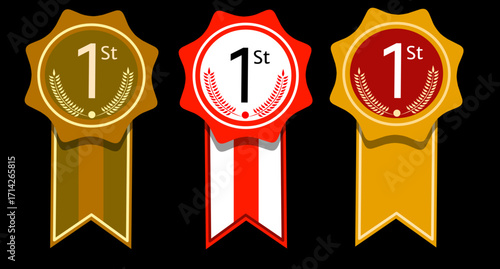 Image of three "1st place" award ribbons in gold, red, and yellow. Perfect for recognizing achievements in competitions, schools, or corporate events. Ideal for use in graphic designs, certificates, w