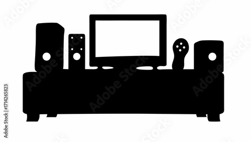 Silhouette of a television set on a stand with speakers and remote controls in a minimalist style