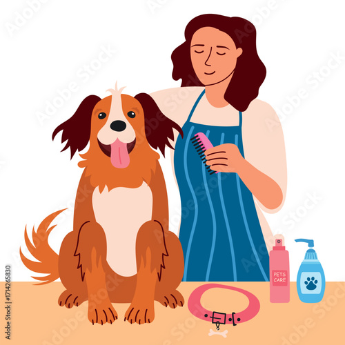 A young woman brushing a dog at a grooming salon. Vector of pet care products at a grooming salon.