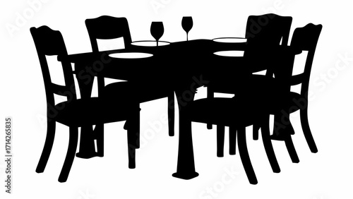 Silhouette of a dining table set with six chairs plates and glasses in a formal arrangement style scene