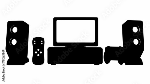 Silhouette of a television with speakers remote control and a game controller on a white background
