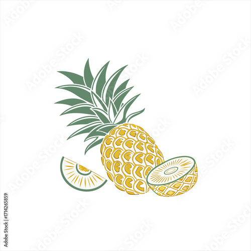 Stylized illustration of a whole pineapple a halved pineapple and a slice