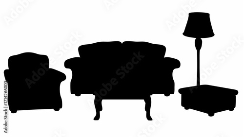 Silhouette illustration of a living room scene featuring two armchairs and a floor lamp with a boxy base