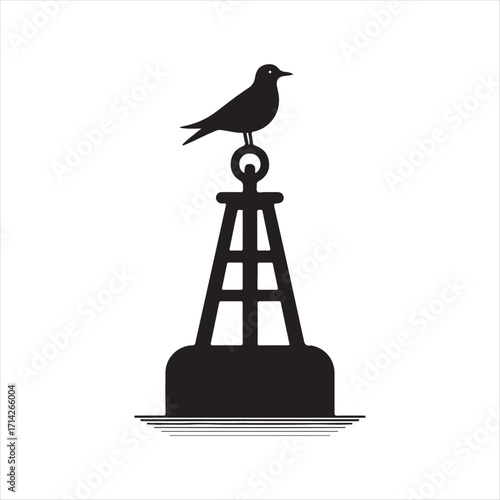 Buoy with seabird perched on top silhoutte outline logo design concept illustration