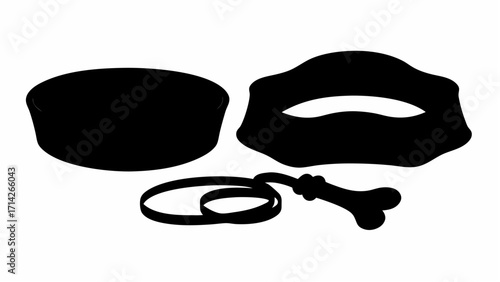 A collection of pet accessories including a food bowl a mask and a bone toy with a leash all in black silhouette