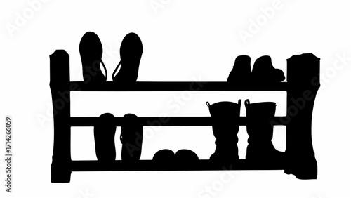 Silhouette of a two tier shoe rack filled with various types of footwear against a white background