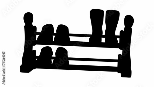 Silhouette of a wooden shoe rack with two shelves containing shoes and boots against a white background