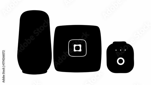 Three black electronic devices including a speaker and a smart home hub against white background silhouette