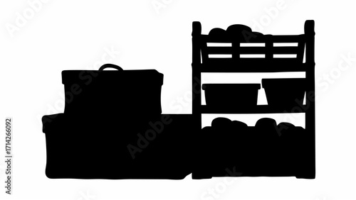 Silhouette of stacked boxes and a shelf unit filled with containers and round objects in a storage area
