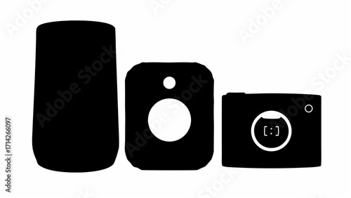 Silhouette illustration featuring a smart speaker a smart home hub and a camera on a white background