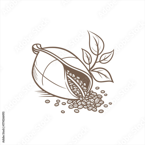 Artistic illustration of coffee beans spilling from a sack with leaves