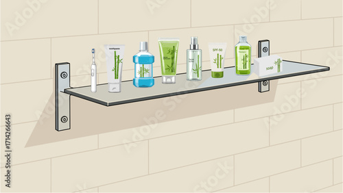 Vector collage of isolated bathroom products on glass shelf against cream-colored tiled wall

