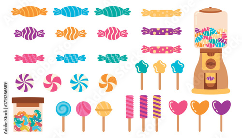 Set Sweet dessert, candies, lollipop, caramel, dragee in the machine.