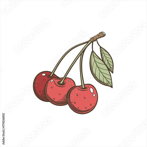 Hand drawn illustration of three ripe cherries with leaves on a white background
