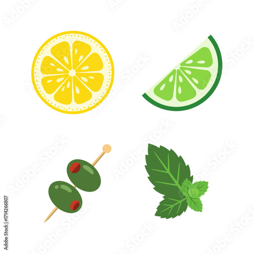 Fresh cocktail ingredients lemon, lime, olives and mint leaf perfect for summer drinks