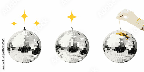 Three sparkling disco balls with one being held by a hand against a white background