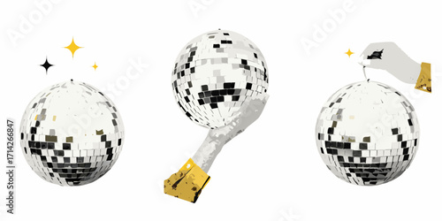 Collection of disco balls with hands and sparkles representing celebration and fun