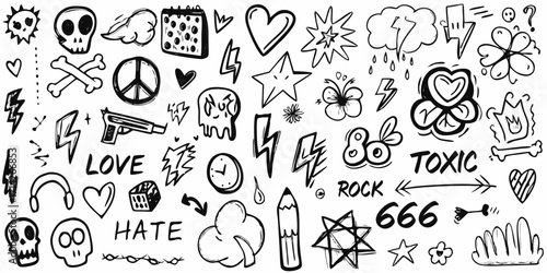 Collection of hand drawn black and white doodle icons representing rebellion love hate and rock and roll culture