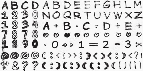 Hand drawn black alphabet letters numbers symbols and hearts on white background