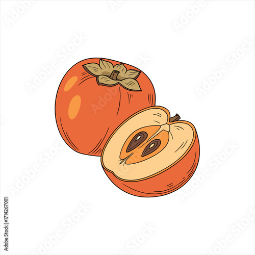 Illustration of a whole and halved persimmon fruit with seeds