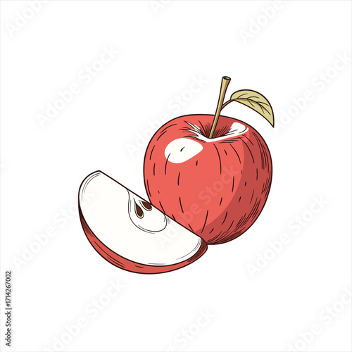 Red apple with a slice and leaf illustration