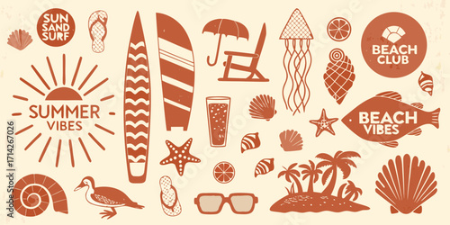 Summer beach vibes collection of illustrated icons and symbols for coastal vacation and recreation
