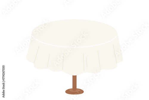 Elegant round dining table with a clean white tablecloth, isolated furniture for a restaurant, wedding banquet, or formal event celebration