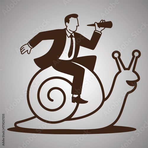 Businessman riding a snail looking through a telescope on a grey background vector