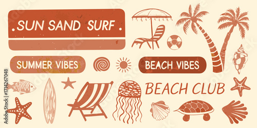 Retro summer beach vibes with sun sand surf and beach club text and illustrations