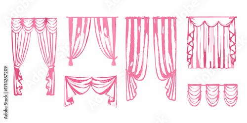 Collection of hand drawn pink fabric drapes and curtains in various styles and designs