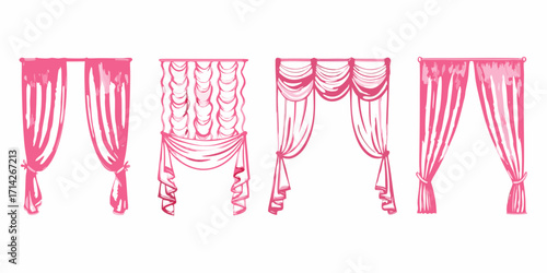 Collection of four hand drawn pink curtain designs with different draping styles and tie backs