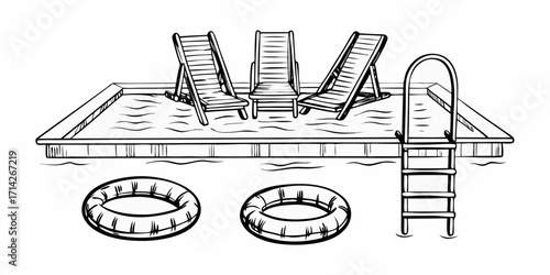 Relaxing poolside scene with lounge chairs inflatable rings and a swimming pool ladder