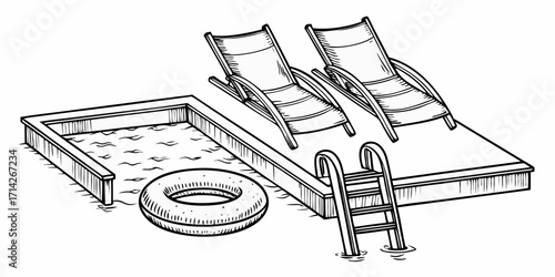Black and white sketch of a swimming pool with two lounge chairs ladder and inflatable ring