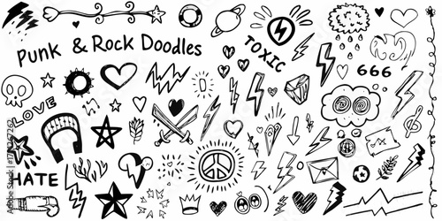 Collection of hand drawn punk rock music doodles and symbols for creative design