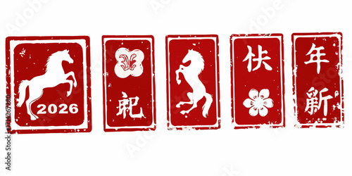 Red chinese new year stamps featuring horses flowers and calligraphy for the year 2026