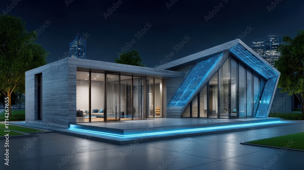 Fototapeta premium An Abstract Visualization of a House Featuring an Eye-Catching Blue Light Embodying Energy Efficiency and Sustainability Concepts