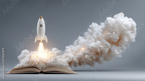 Unleashing Imagination: A Conceptual Flight of Creativity Visualized as a Rocket Launching from an Open Book