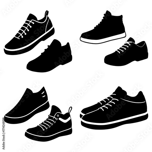 Silhouette illustration showcasing various styles of athletic shoes and casual sneakers in black color