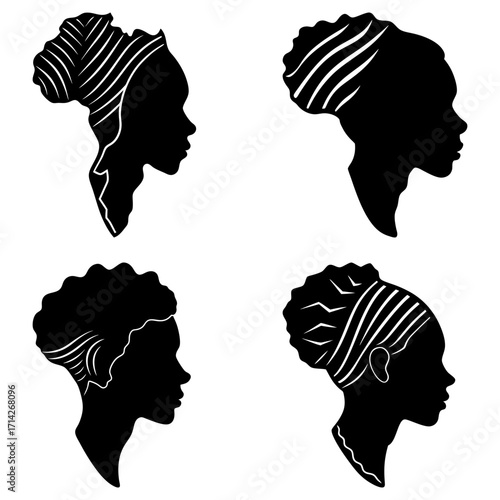 Four black silhouette profiles of women with stylized hair or head coverings in a graphic design