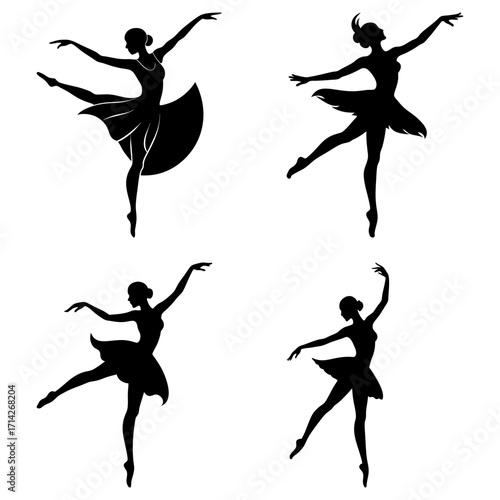 Four silhouette images of graceful ballerinas in various poses against a white background, dancing figures