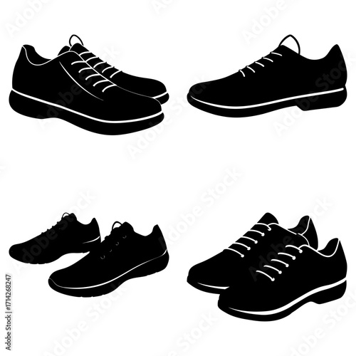 Silhouette illustration showing four pairs of black athletic shoes with white laces on a white background