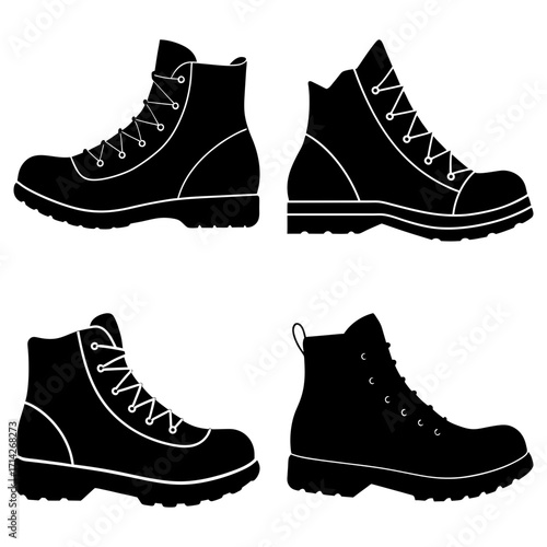Illustration of four black silhouette hiking boots with laces and lug soles in different styles and angles